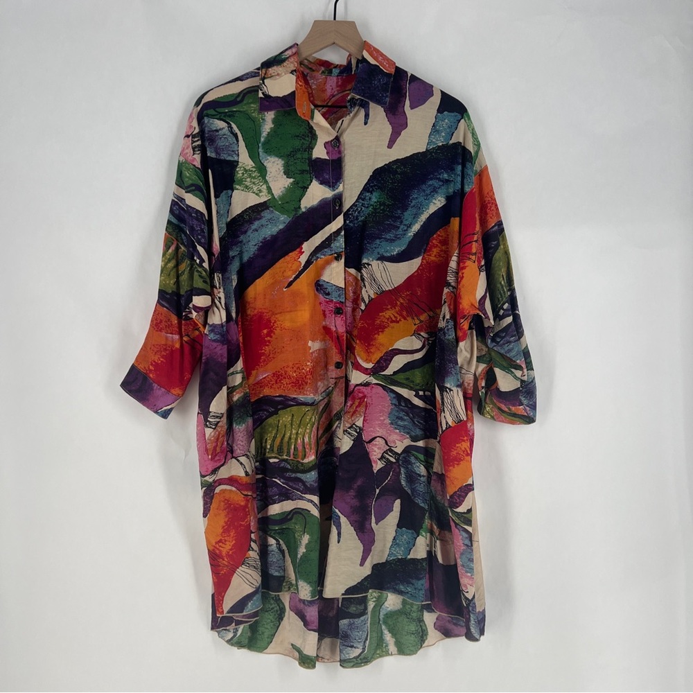 3 Potato Lagenlook Art To Wear Colorful Abstract Button-Up Dolman Tunic Size S/M